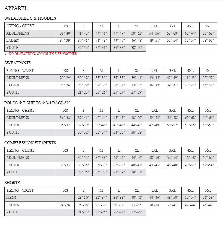 AK Size Charts (Mens-Womens-Youth)