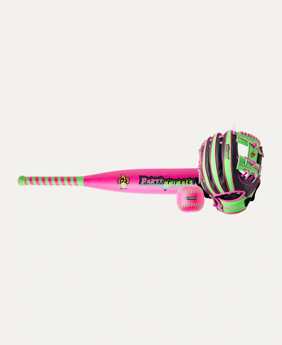 WILSON GLOVE/BALL/BAT KIT PARTY ANIMALS BLACK/PINK -LHT
