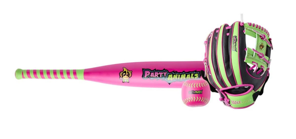 WILSON GLOVE/BALL/BAT KIT PARTY ANIMALS BLACK/PINK -LHT