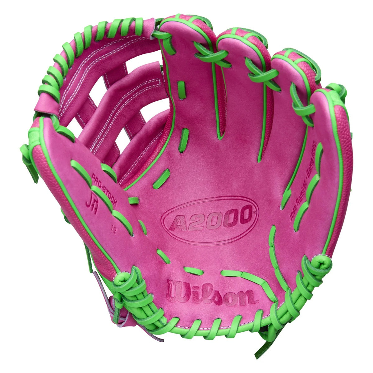 WILSON SPRING A2000 JOSE RAMIREZ GM FLAMINGO PINK/ NEON GREEN SS 12" -RHT